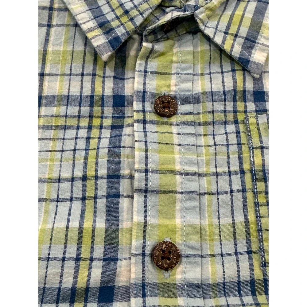 2006 Gymboree Boys Blue Green Plaid Dinosaur Applique Button Down Shirt 2T VTG